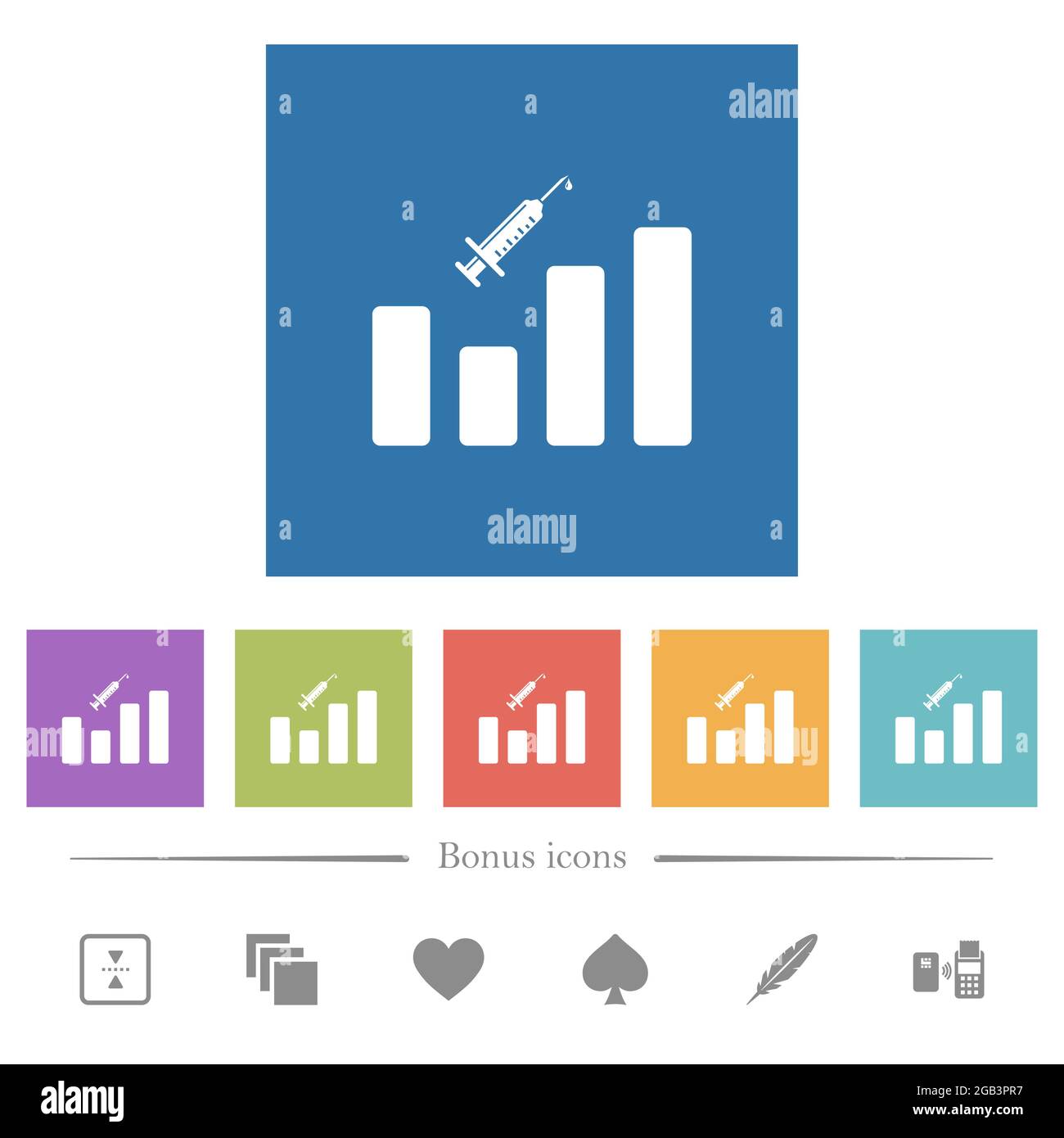 Vaccination graph flat white icons in square backgrounds. 6 bonus icons ...