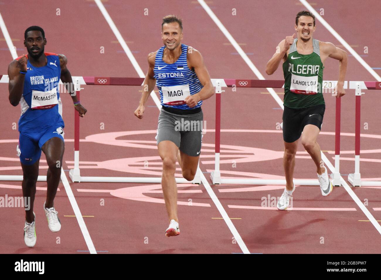 Kyron McMaster (IVB), Rasmus Magi (EST), Abdelmalik Lahoulou (ALG) compete on men's 400m hurdles semi-final, during the Olympic Games Tokyo 2020, Athletics, on August 1, 2021 at Tokyo Olympic Stadium in Tokyo, Japan - Photo Yoann Cambefort / Marti Media / DPPI Stock Photo