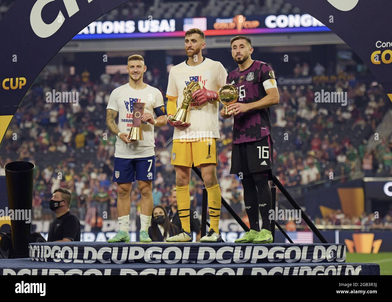 Las Vegas, USA. 2nd Aug, 2021. (SPO) USA Wins Concacaf Gold Cup Final. August 01, 2021, Las Vegas, USA: From left Paul Arriola (USA), Matt Turner (USA) and Hector Herrera (Mexico) during soccer match between USA and Mexico valid for the final of Concacaf Gold cup, at Allegiant stadium in Las Vegas. Miles Robinson (USA) scored the only goal in extra time giving the USA soccer team their victory. (Credit Image: © Danseco Noel/TheNEWS2 via ZUMA Press Wire) Stock Photo