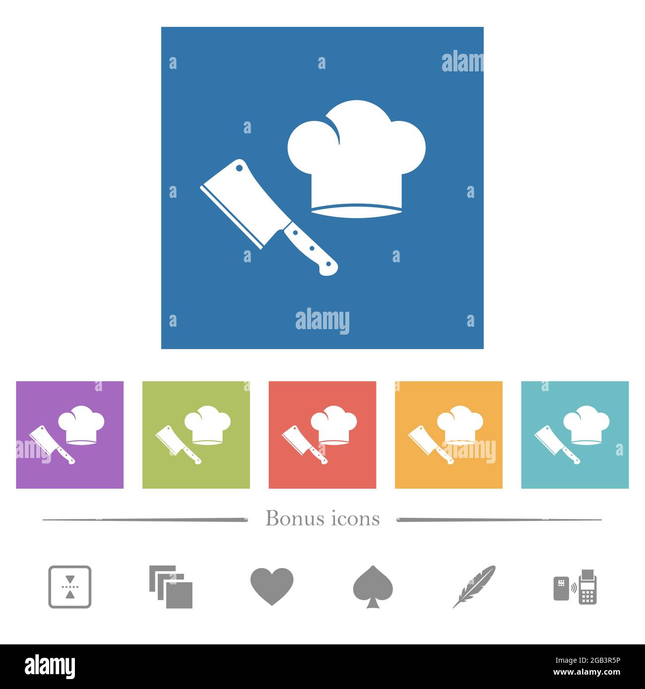Meat cleaver knife and chef hat flat white icons in square backgrounds ...