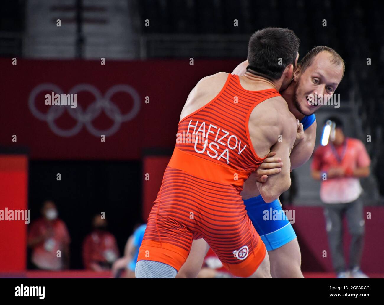 Tokyo, Japan. 02nd Aug, 2021. ROC(Russian Olympic committee)'s Sergey Emelin defeats USA's Ildar Hafizov in the Repechage during the Tokyo Olympics Wrestling Men's Greco-Roman 60kg at the Makuhari Messe in Chiba-Prefecture, Japan on Monday, August 2, 2021. Photo by Keizo Mori/UPI Credit: UPI/Alamy Live News Stock Photo
