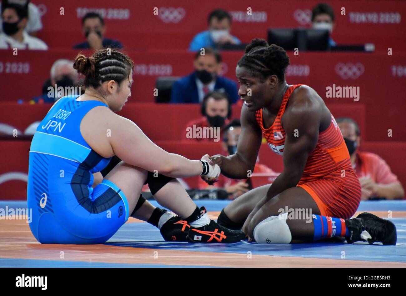 Tokyo, Japan. 02nd Aug, 2021. USA's Tamyra Marianna Stock Mensah defeats Japan's Sara Dosho in the Quarter final during the Tokyo Olympics Wrestling Women's freestyle 68kg competition at the Makuhari Messe in Chiba-Prefecture, Japan on Monday, August 2, 2021. Photo by Keizo Mori/UPI Credit: UPI/Alamy Live News Stock Photo