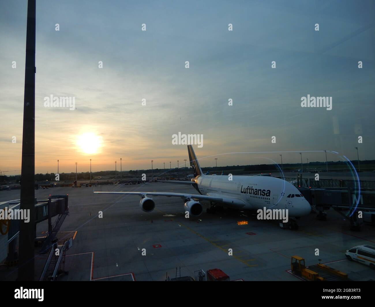 Beautiful sunrise at the Munich Airport/Lufthansa flight/Germany Stock Photo