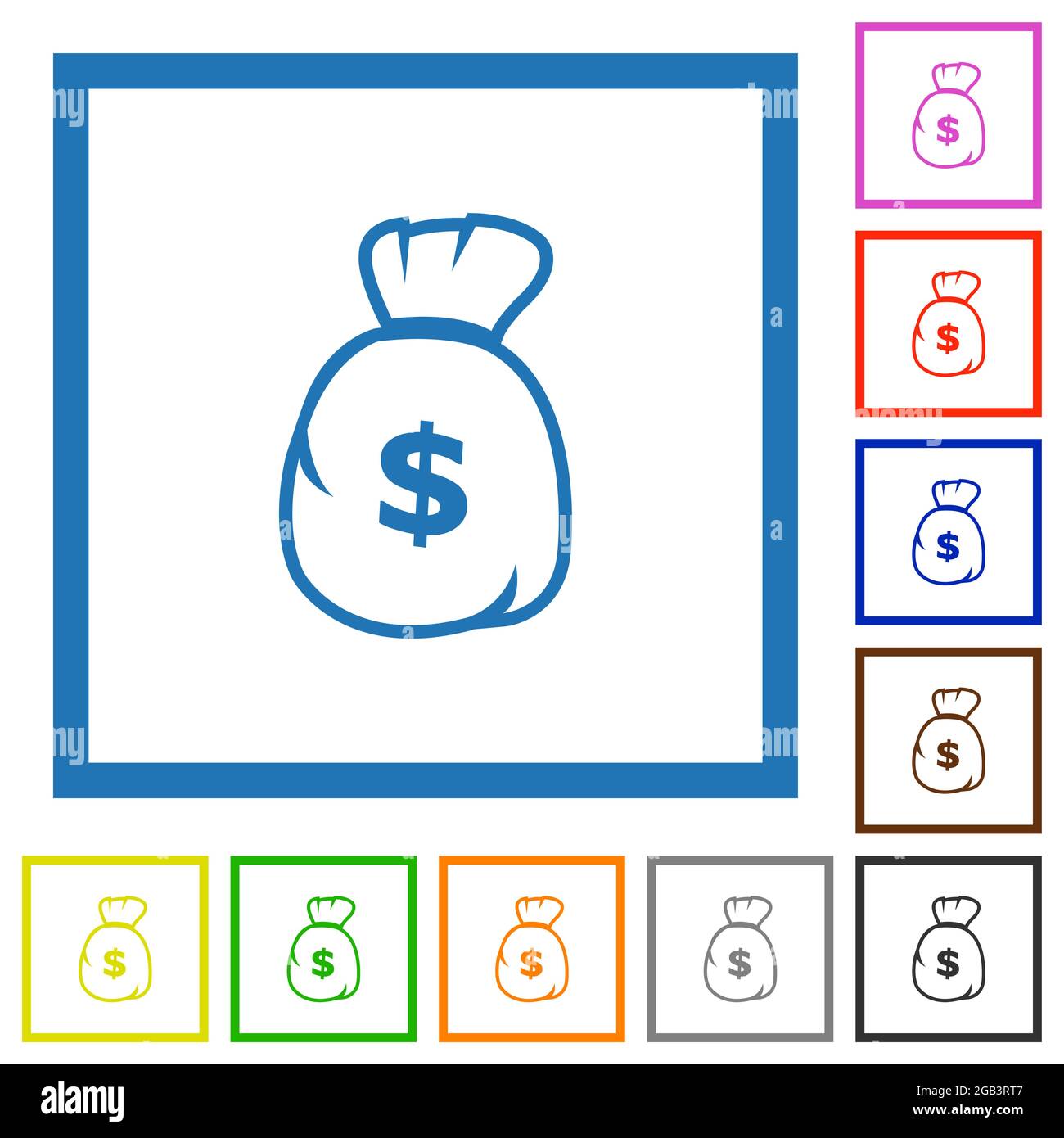 Dollar money bag outline flat color icons in square frames on white background Stock Vector