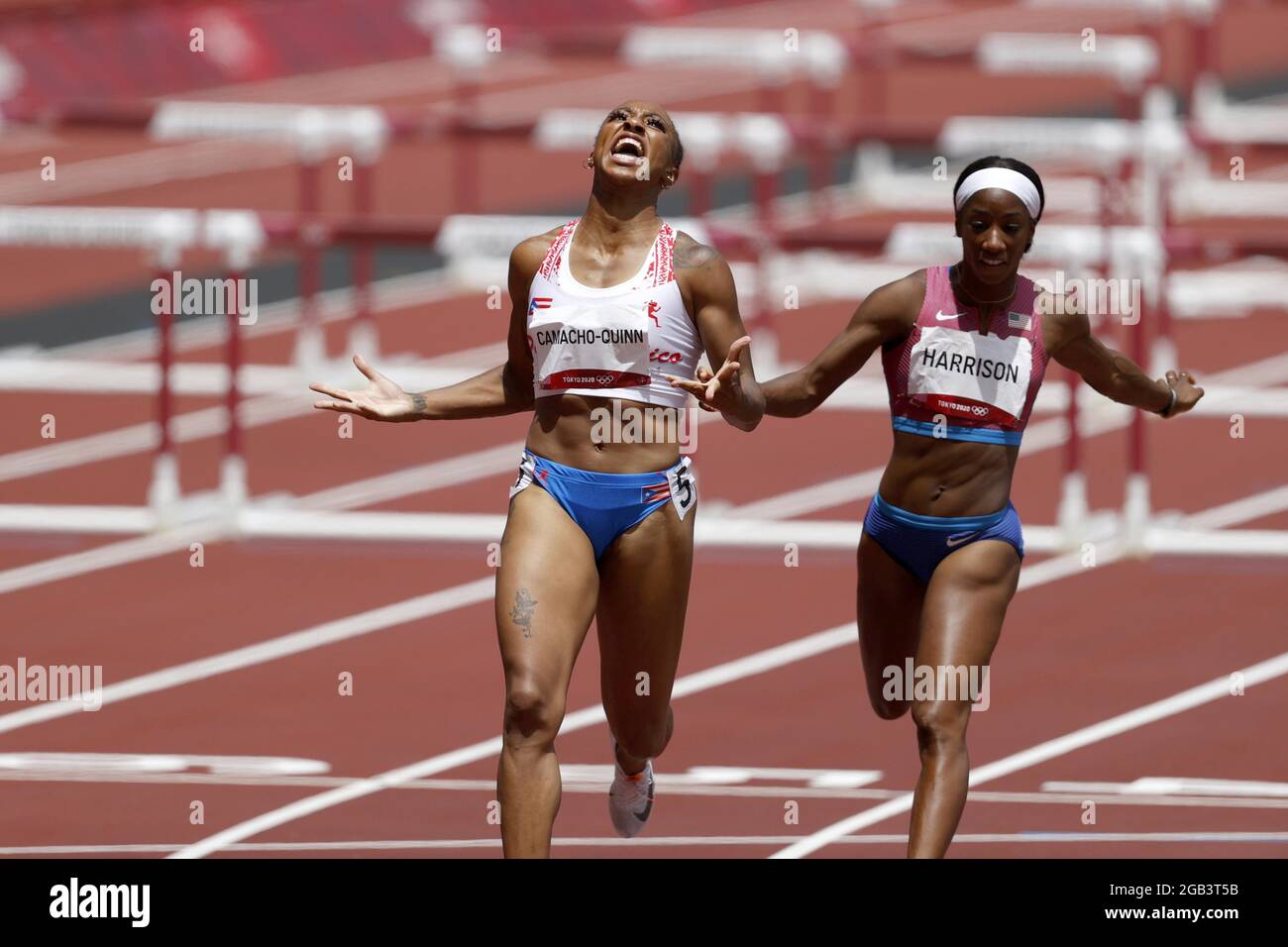 Jasmine CAMACHO-QUINN (PUR) Winner Gold Medal, Kendra HARRISON (USA) 2nd place Silver Medal during the Olympic Games Tokyo 2020, Athletics WOMENS 100m Hurdles Final on August 2, 2021 at Olympic Stadium in Tokyo, Japan - Photo Photo Kishimoto / DPPI Stock Photo