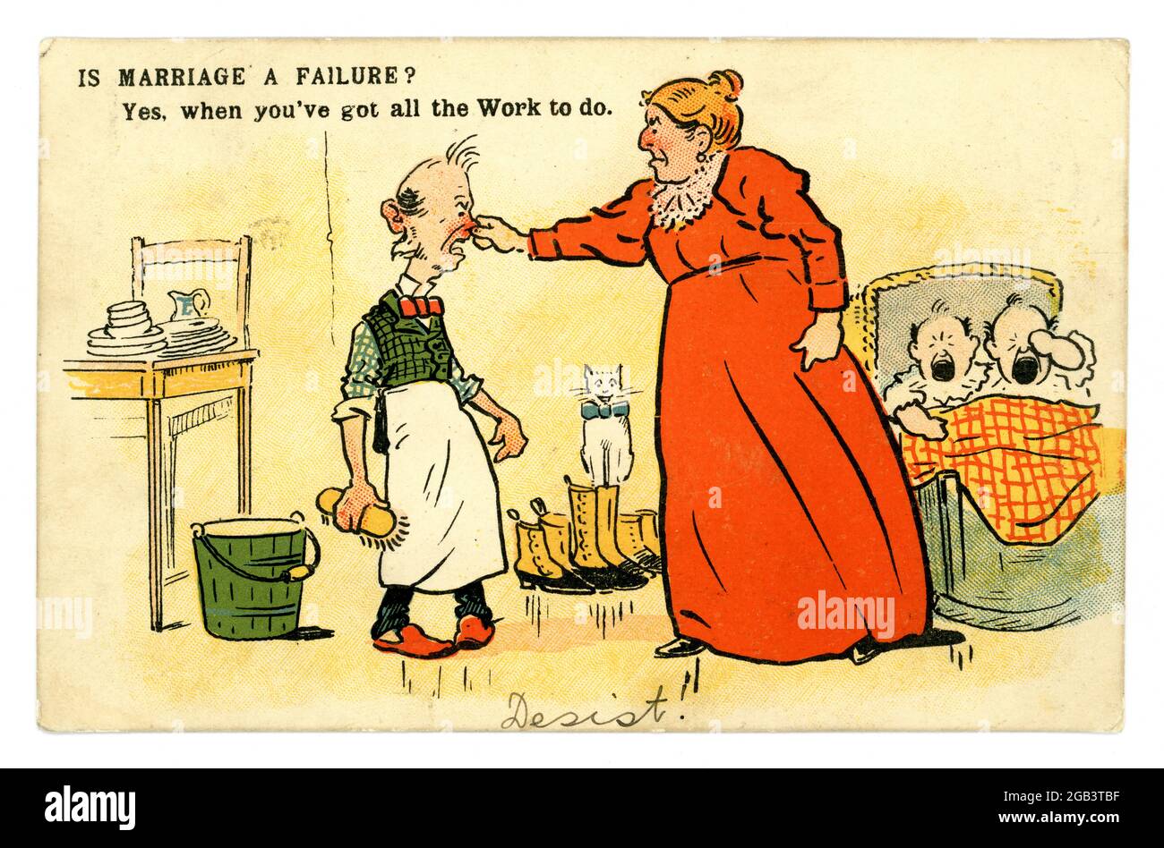 Original Edwardian anti-suffragette comic postcard depicting a bossy , overbearing woman pinching her meek working house husband's nose, 'Is Marriage a failure?', posted May 1907, U.K. Stock Photo