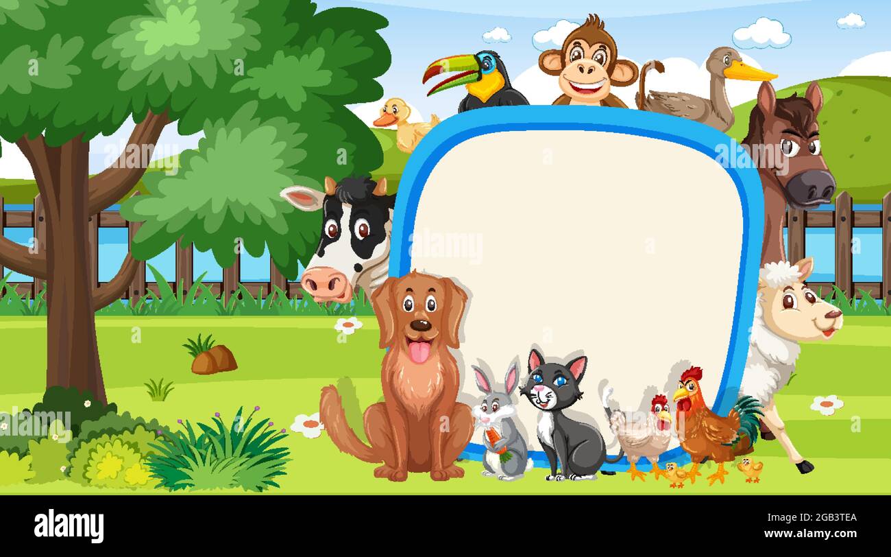 Empty banner with various wild animals in the forest illustration Stock ...