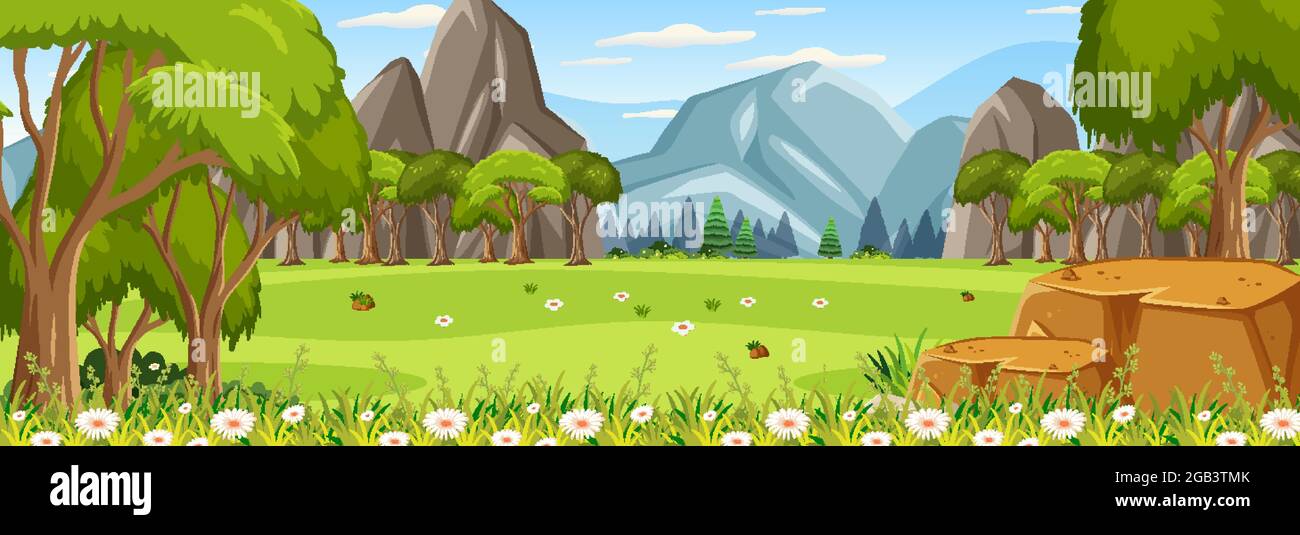 Panorama landscape scene with many trees in the park illustration Stock ...