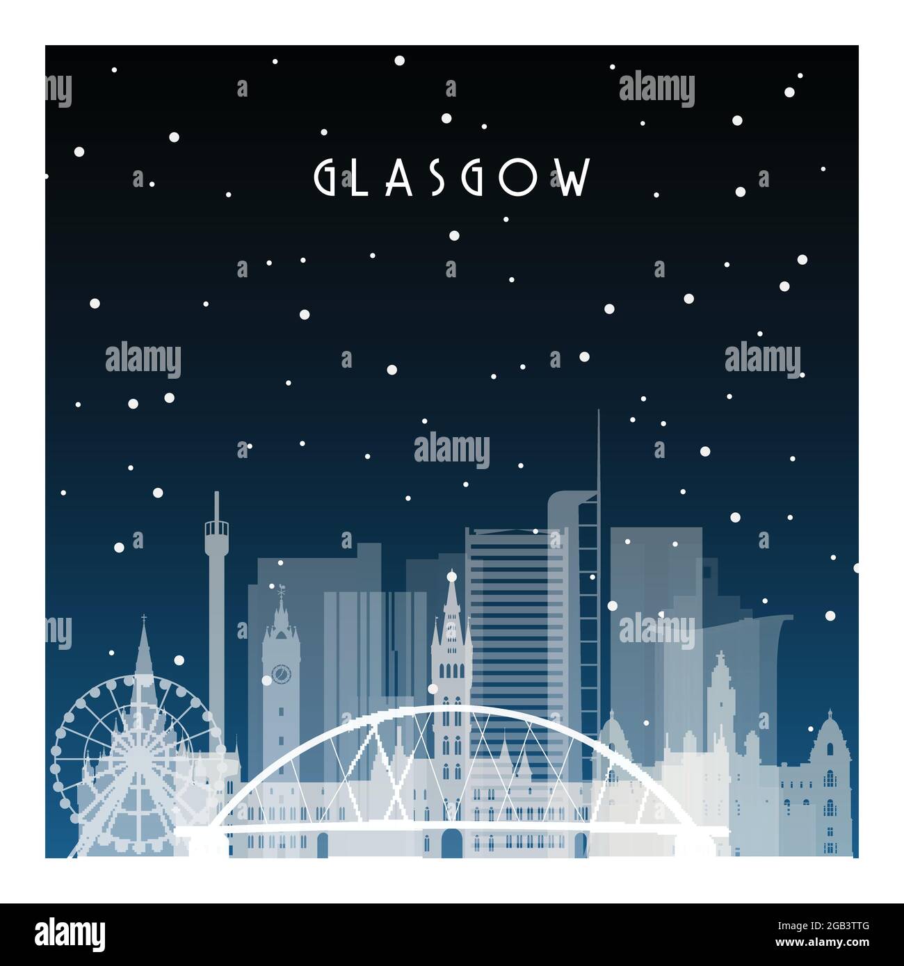Winter night in Glasgow. Night city in flat style for banner, poster, illustration, background. Stock Vector