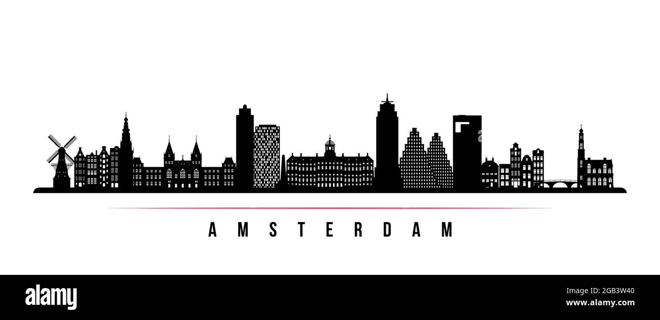 Amsterdam city skyline horizontal banner. Black and white silhouette of Amsterdam city, Netherlands. Vector template for your design. Stock Vector