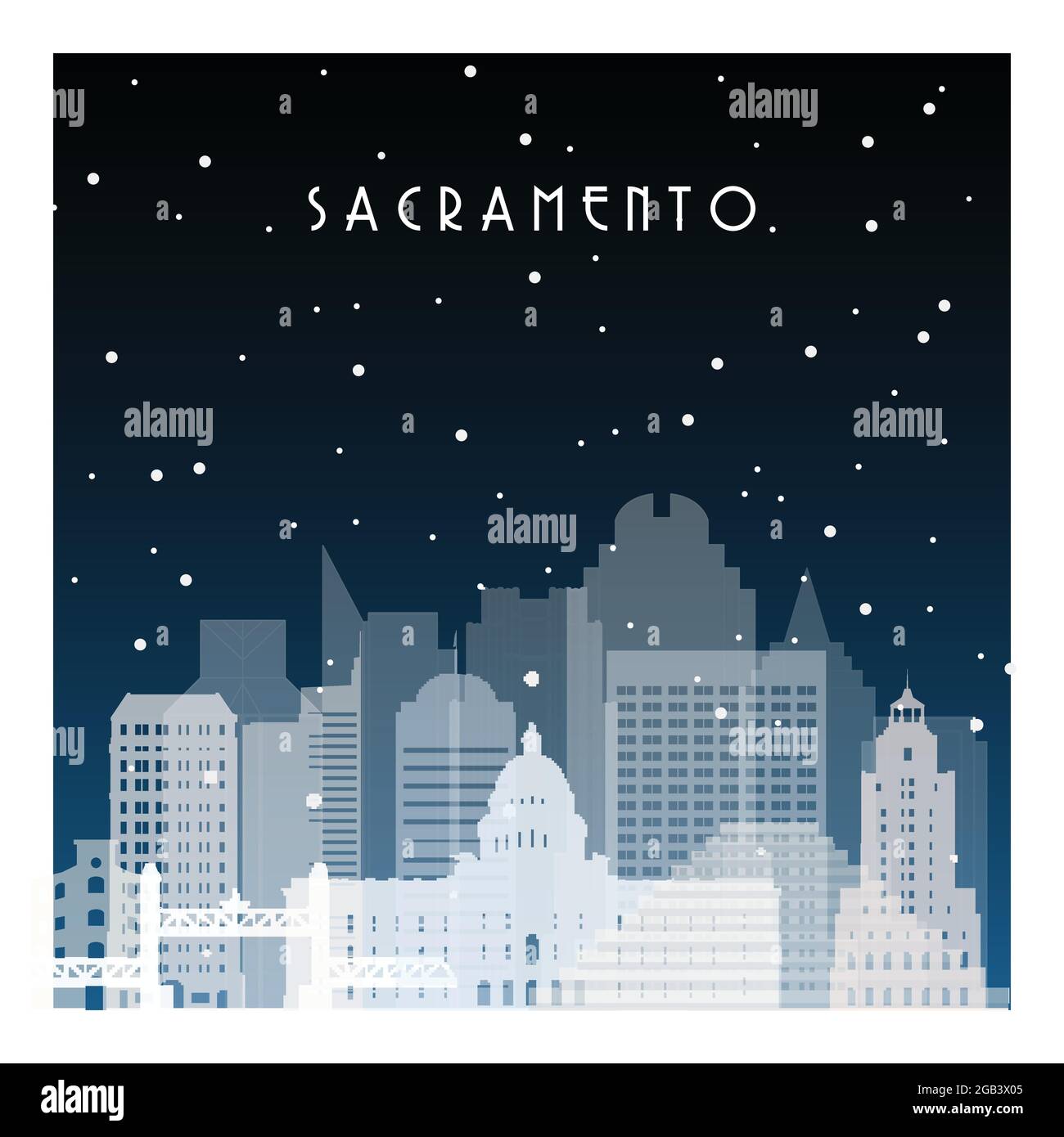 Winter night in Sacramento. Night city in flat style for banner, poster, illustration, background. Stock Vector