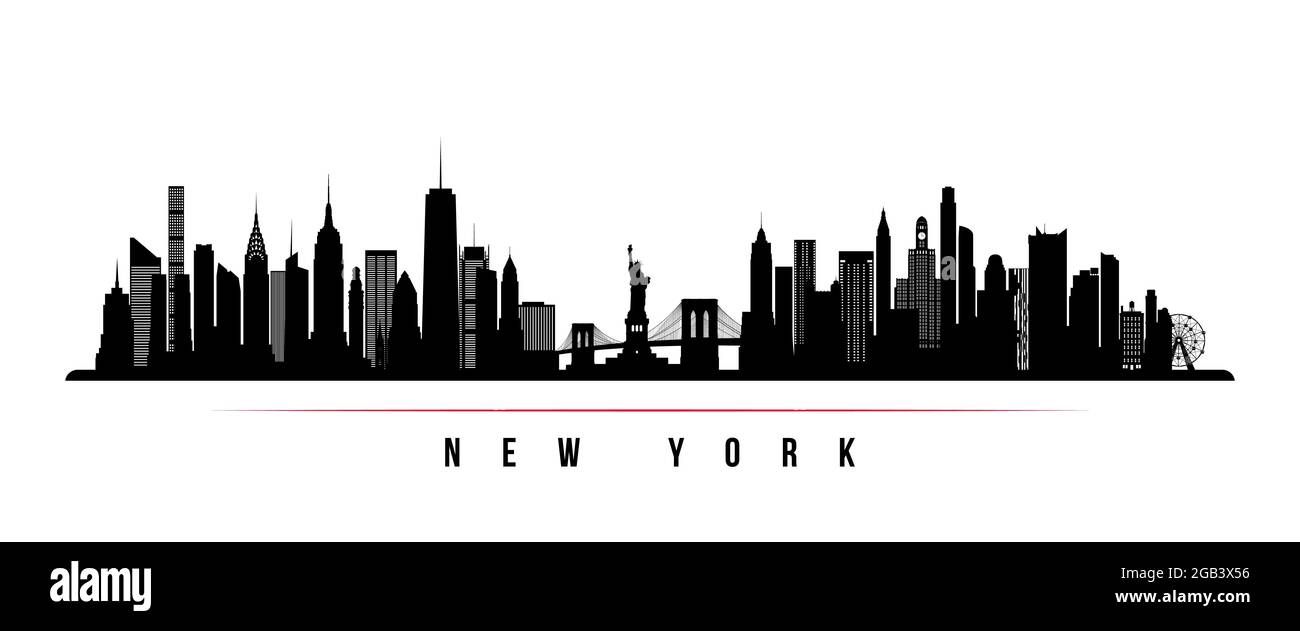 New York city skyline horizontal banner. Black and white silhouette of ...