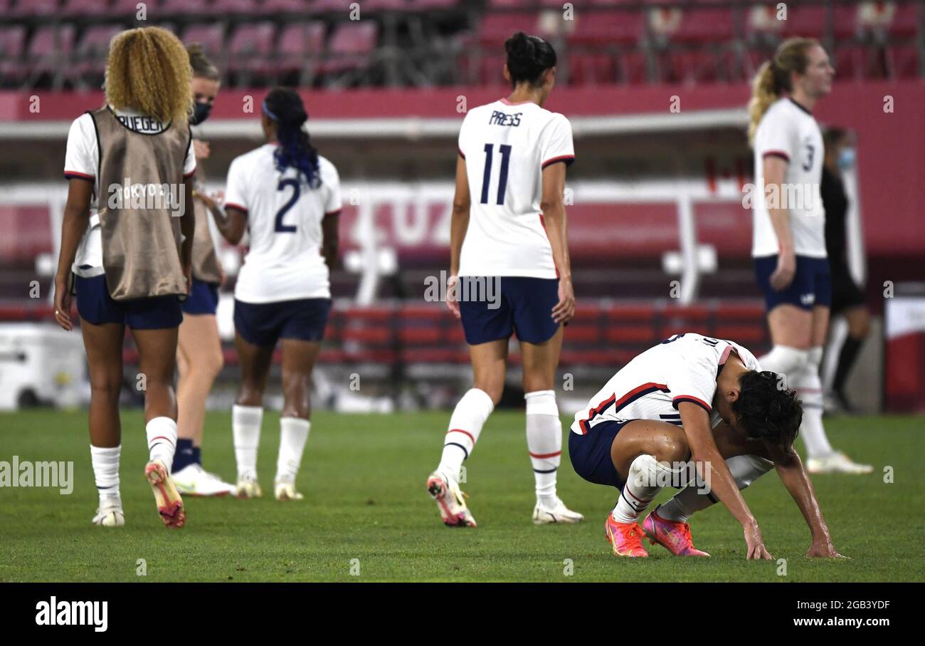 Kashima, Japan. 02nd Aug, 2021. United States' Carli Lloyd (R) bows in