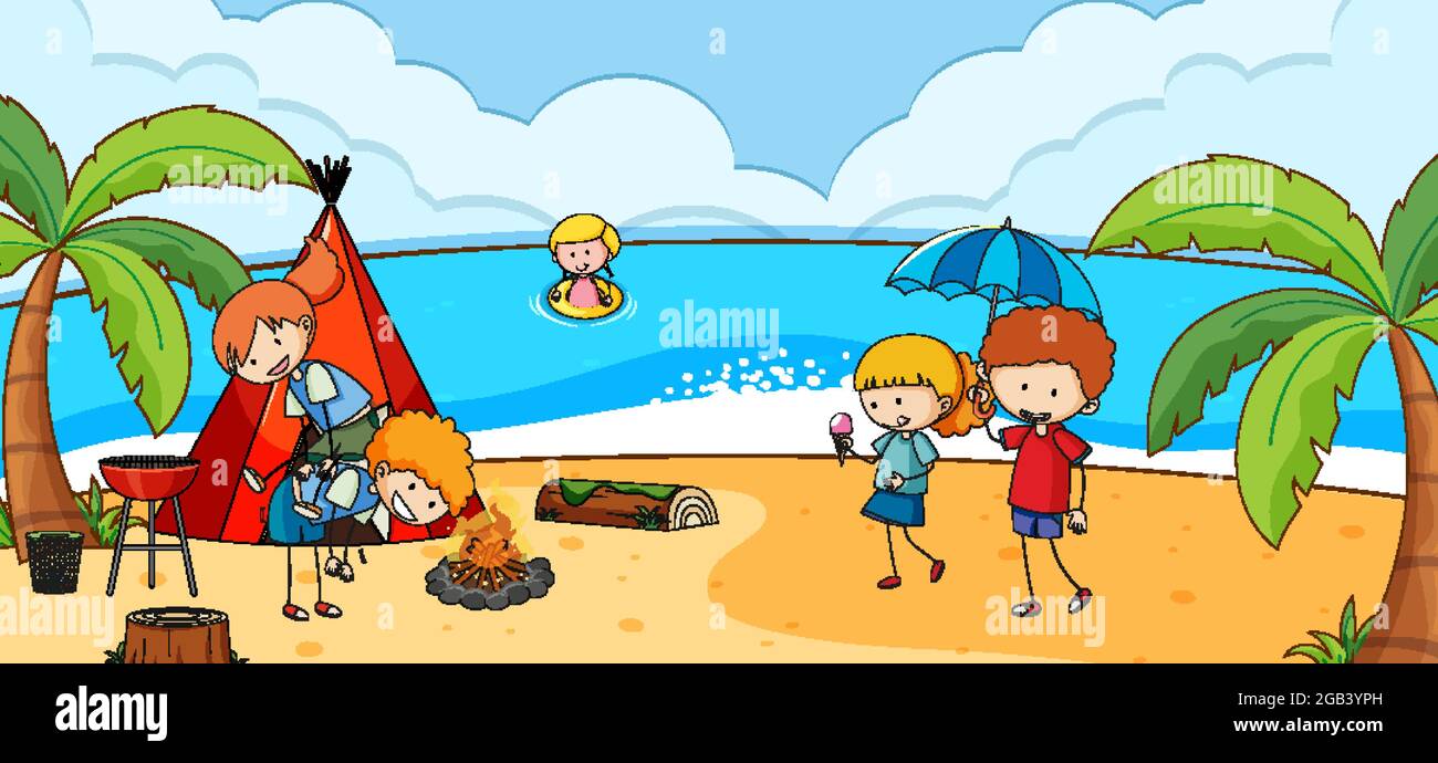 Beach scene with many kids doodle cartoon character illustration Stock  Vector Image & Art - Alamy