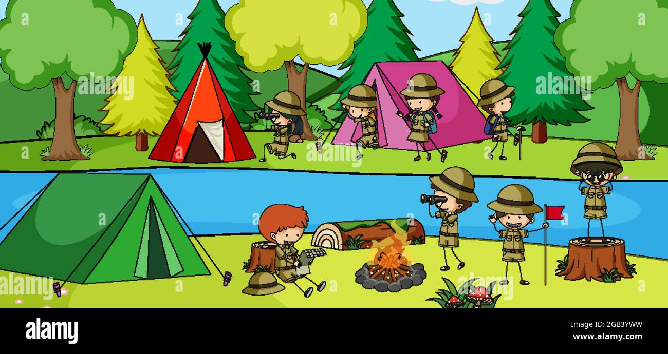 Outdoor scene with many kids camping in the park illustration Stock ...