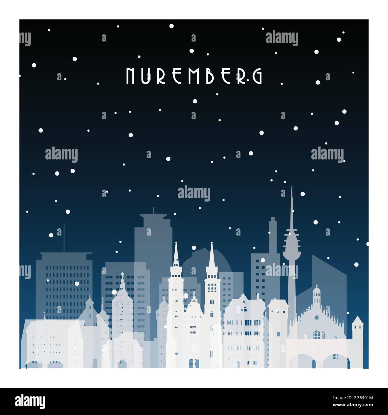 Winter night in Nuremberg. Night city in flat style for banner, poster, illustration, background. Stock Vector