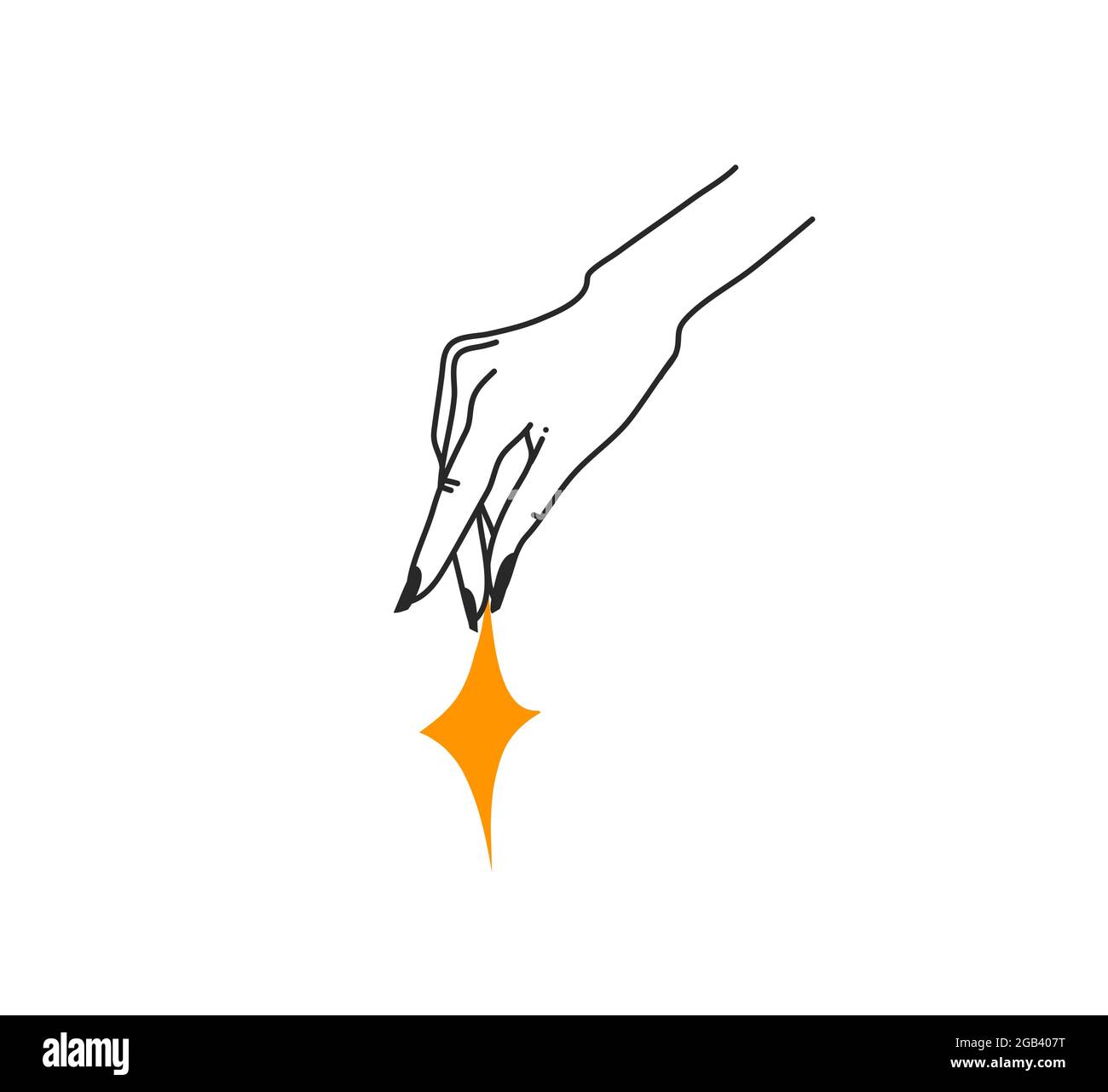 Hand drawn vector abstract stock flat graphic illustration with logo elements ,woman fashion magic line art hands touch moon and stars in simple style Stock Vector