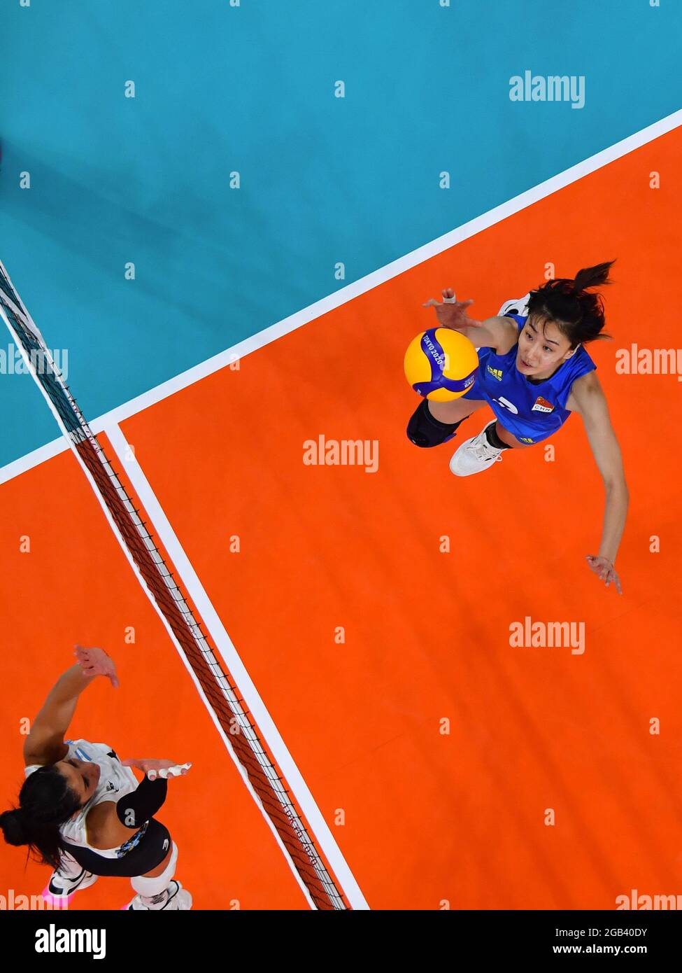 Tokyo, Japan. 2nd Aug, 2021. Wang Yuanyuan (R) of China competes during the women's volleyball preliminary match between China and Argentina at the Tokyo 2020 Olympic Games in Tokyo, Japan, Aug. 2, 2021. Credit: Chen Yichen/Xinhua/Alamy Live News Stock Photo