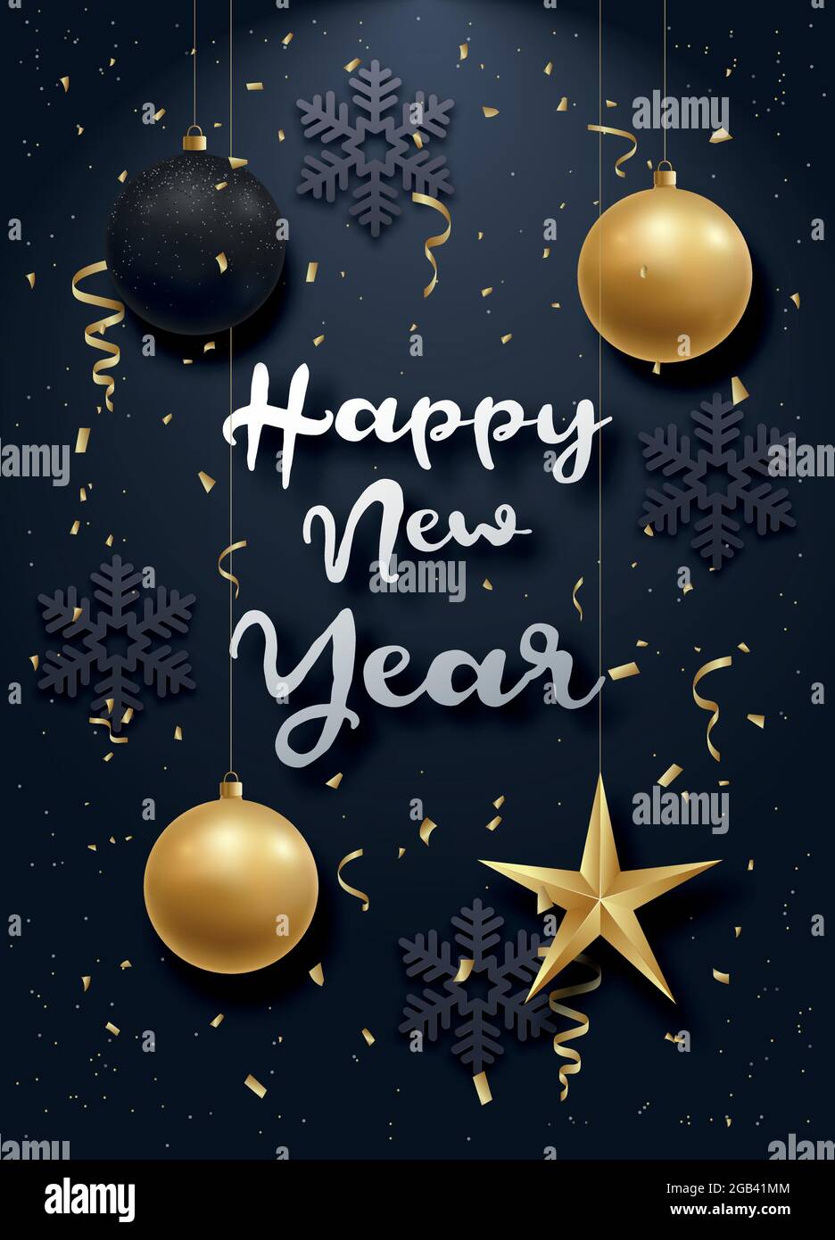 Glossy New Year background with a 3d realistic stars, balls and curly ...