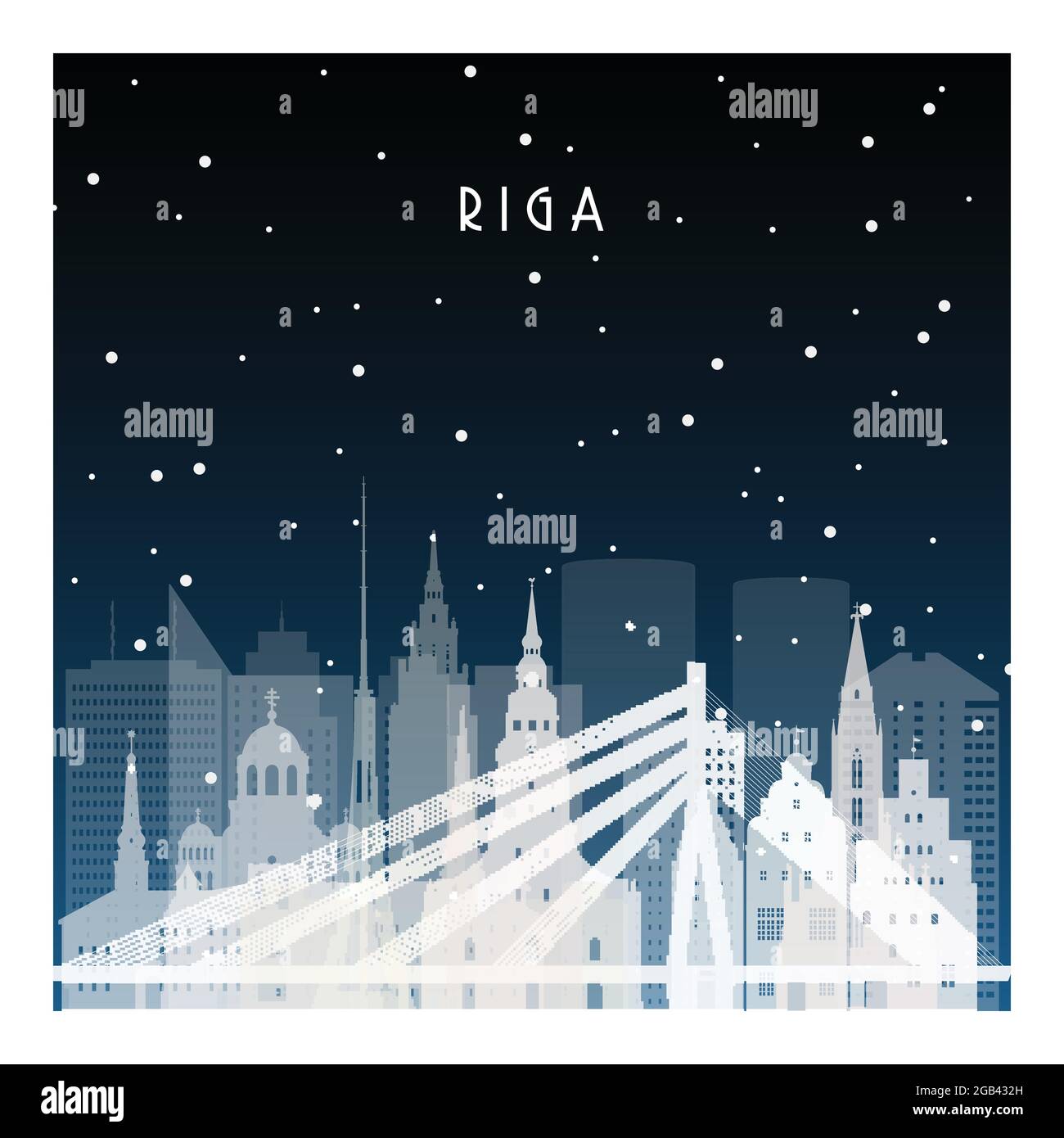 Winter night in Riga. Night city in flat style for banner, poster, illustration, background. Stock Vector