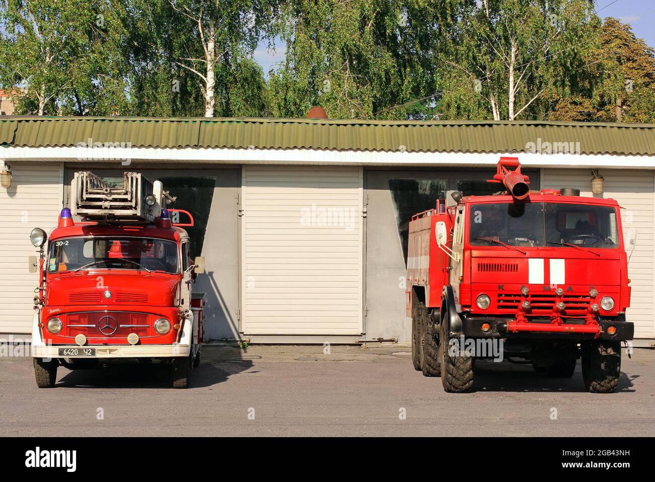 Chernihiv, Ukraine July 31, 2019 Old Mercedes fire truck. Two fire engines. Kamaz Stock Photo