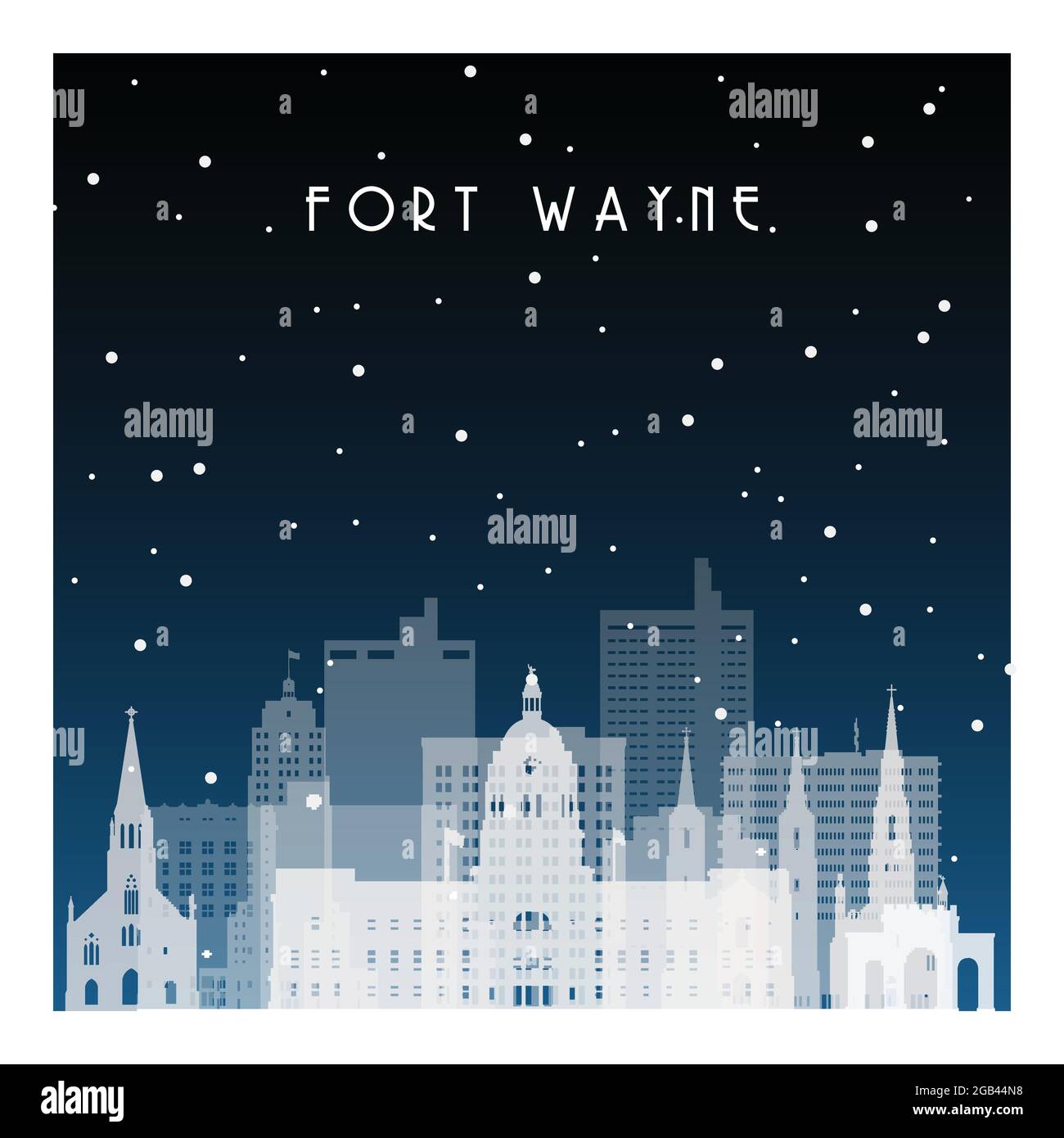Winter night in Fort Wayne. Night city in flat style for banner, poster, illustration, background. Stock Vector