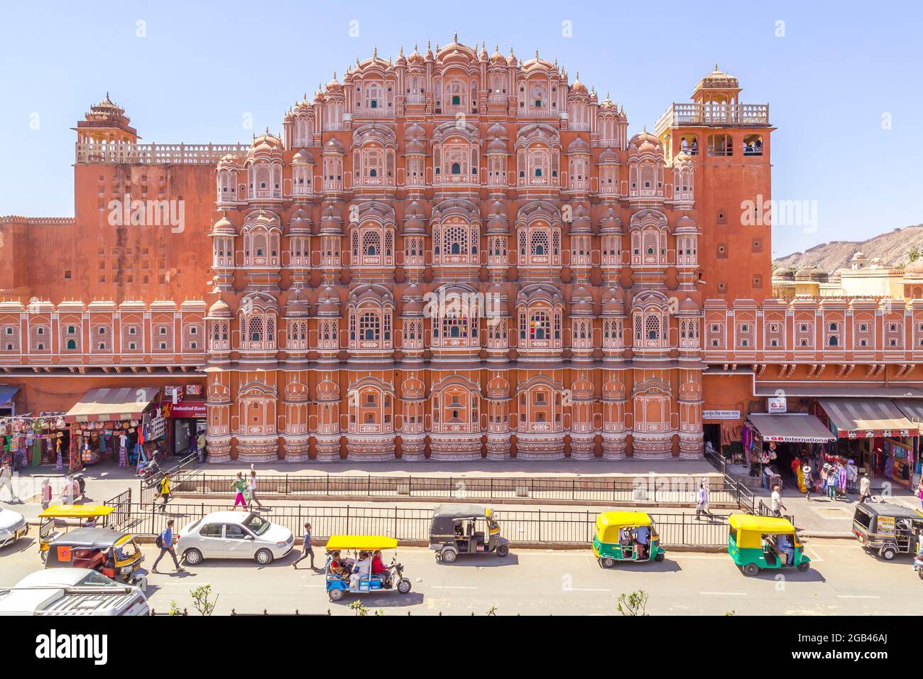 JAIPUR, INDIA - 22ND MARCH 2016: The front of the Hawa Mahal (Palace of the Winds) in central Jaipur. People can be seen. Stock Photo