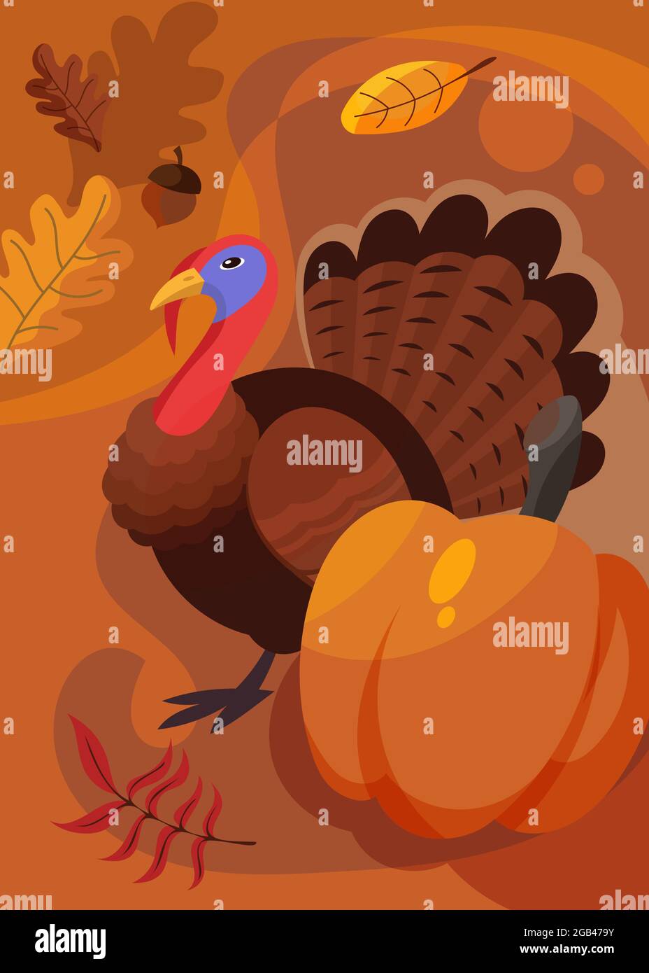 Poster with turkey and pumpkin. Thanksgiving day postcard design in ...