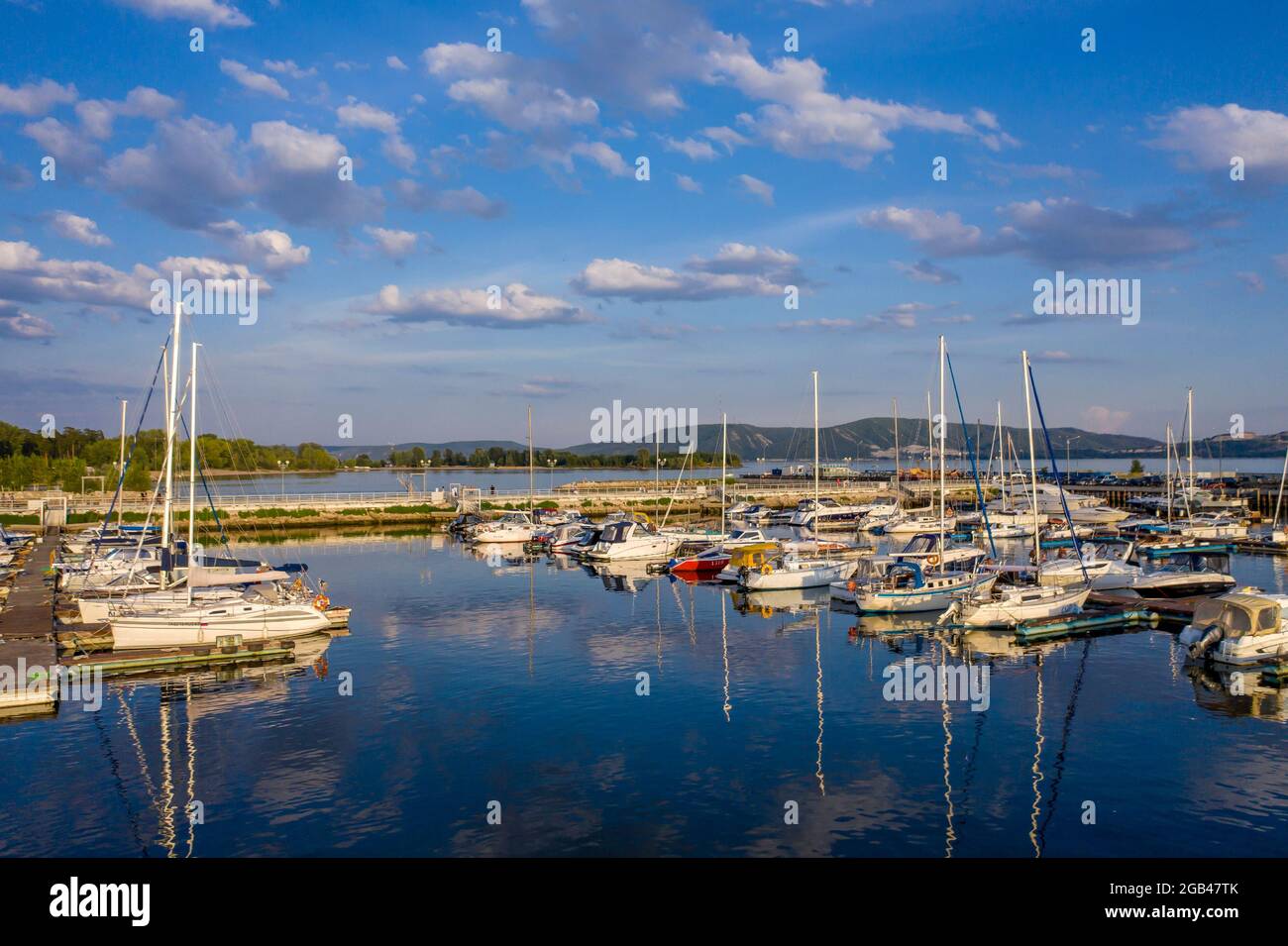 Tolyatti, Russia - August 1, 2021: Yacht Club Druzhba is located in the Komsomolsk District. View of the yachts and the pier from above, photo from a Stock Photo
