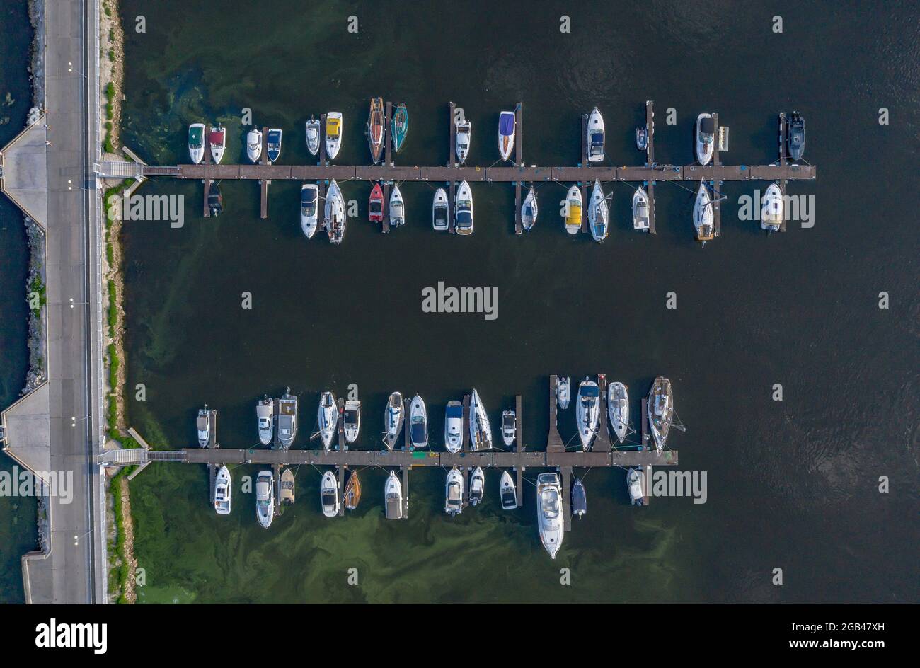 TOGLIATTI, Russia - August 1, 2021: Yacht Club Druzhba is located in the Komsomolsk district. View of the yachts and the pier from above, photo from a Stock Photo