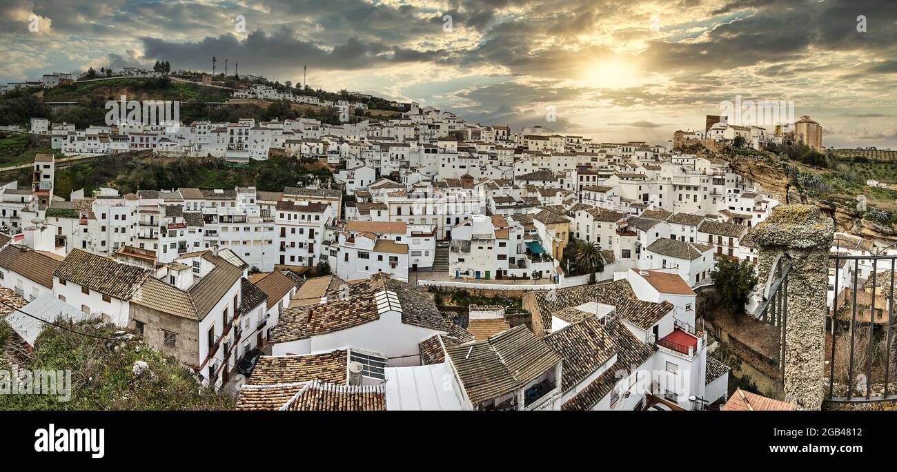 Panoramic of Setenil de las Bodegas, one of the most beautiful white villages in Andalusia, Spain Stock Photo