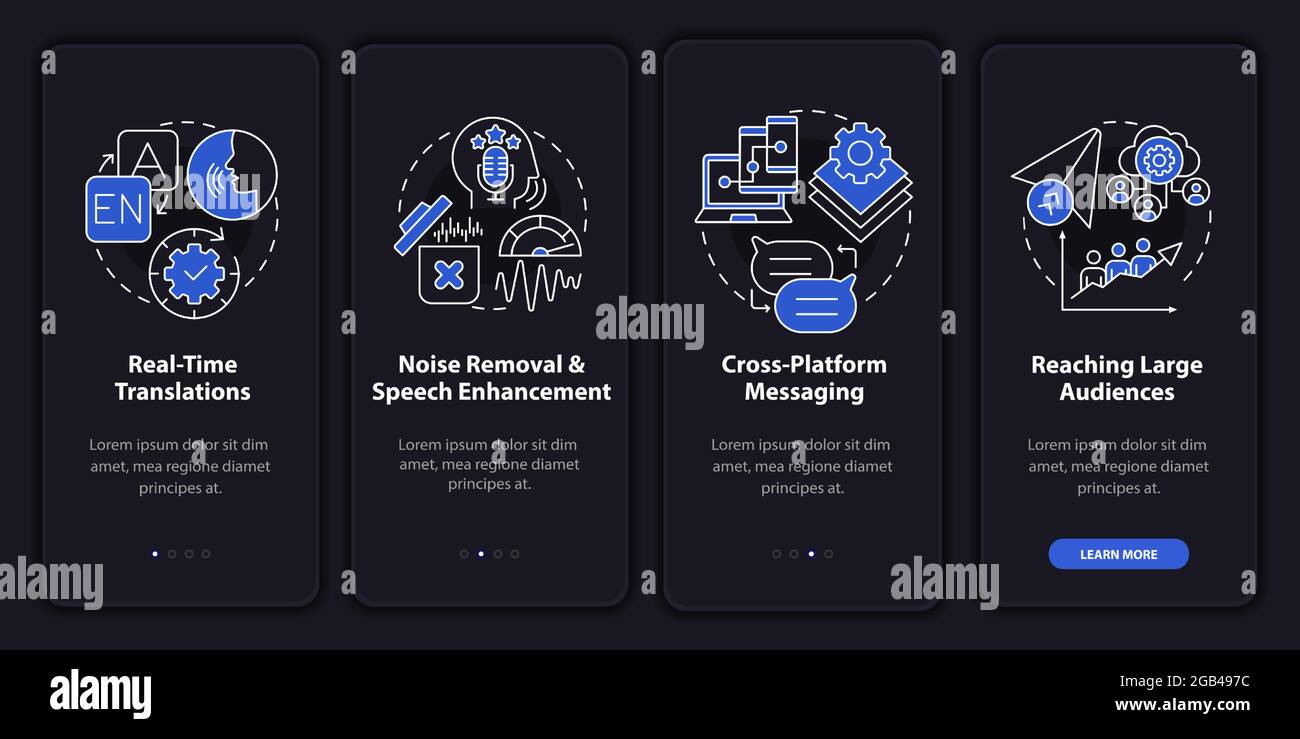 IM advanced feature dark onboarding mobile app page screen Stock Vector