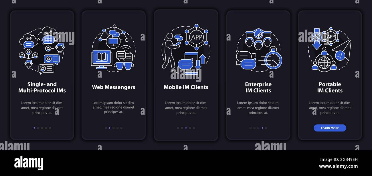 Messaging software dark onboarding mobile app page screen Stock Vector