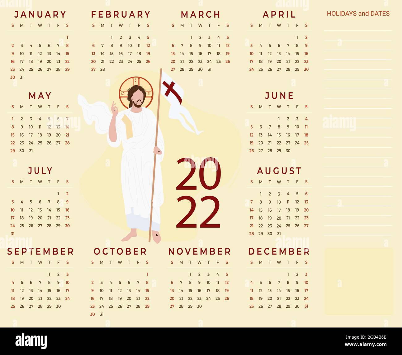 Annual Calendar 2022 Religious Calendar With Jesus Christ The Savior On Background Vector Illustration Week Starts On Monday Horizontal Template Stock Vector Image Art Alamy