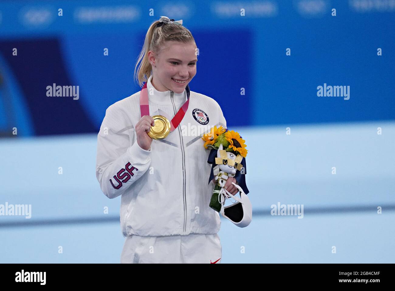Gold medal winner, Jade Carey, of United States, poses for the TV during the ceremony for the Floor Exercises at the women's Artistic Gymnastics Individual Apparatus final in the Ariake Gymnastics Centre at the Tokyo Olympic Games in Tokyo, Japan, on Monday, August 2, 2021. Jade Carey, of United States, gold, Vanessa Ferrari, of Italy, won silver, Mai Murakami, of Japan, and Angelina Melnikova, of ROC, tied for bronze.  Photo by Richard Ellis/UPI Stock Photo