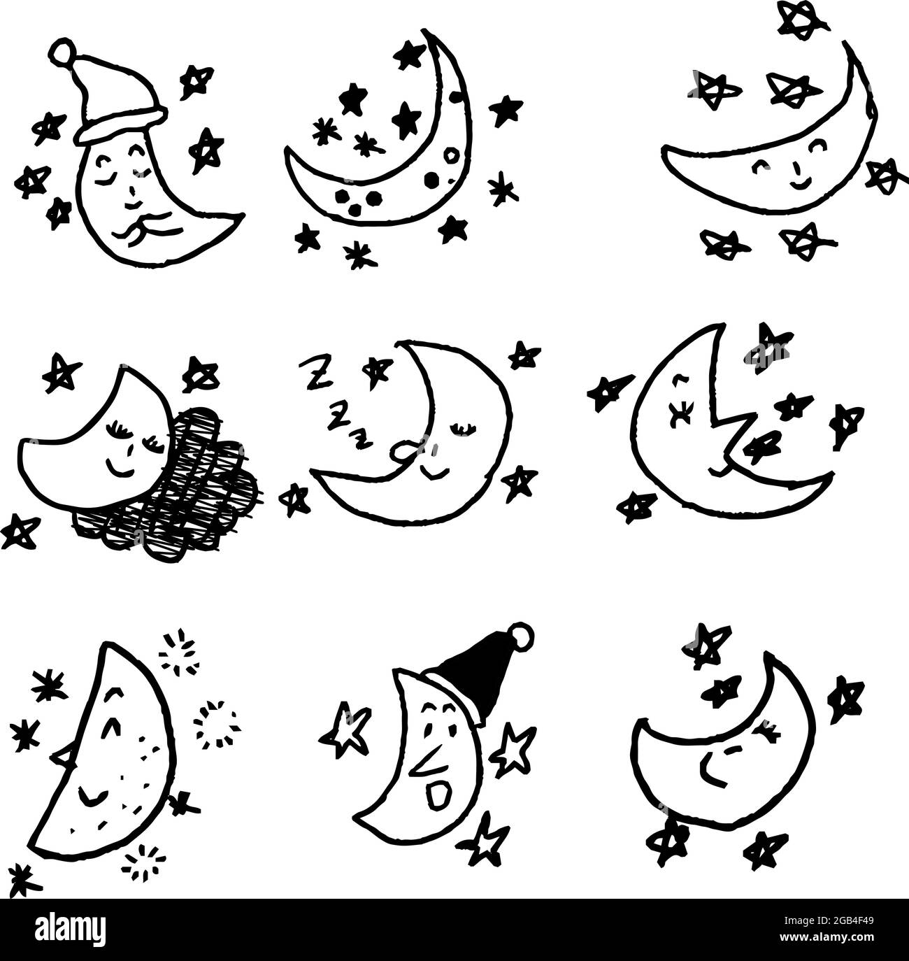 This is a illustration of Cute moon and star scribbles drawn by children Stock Vector