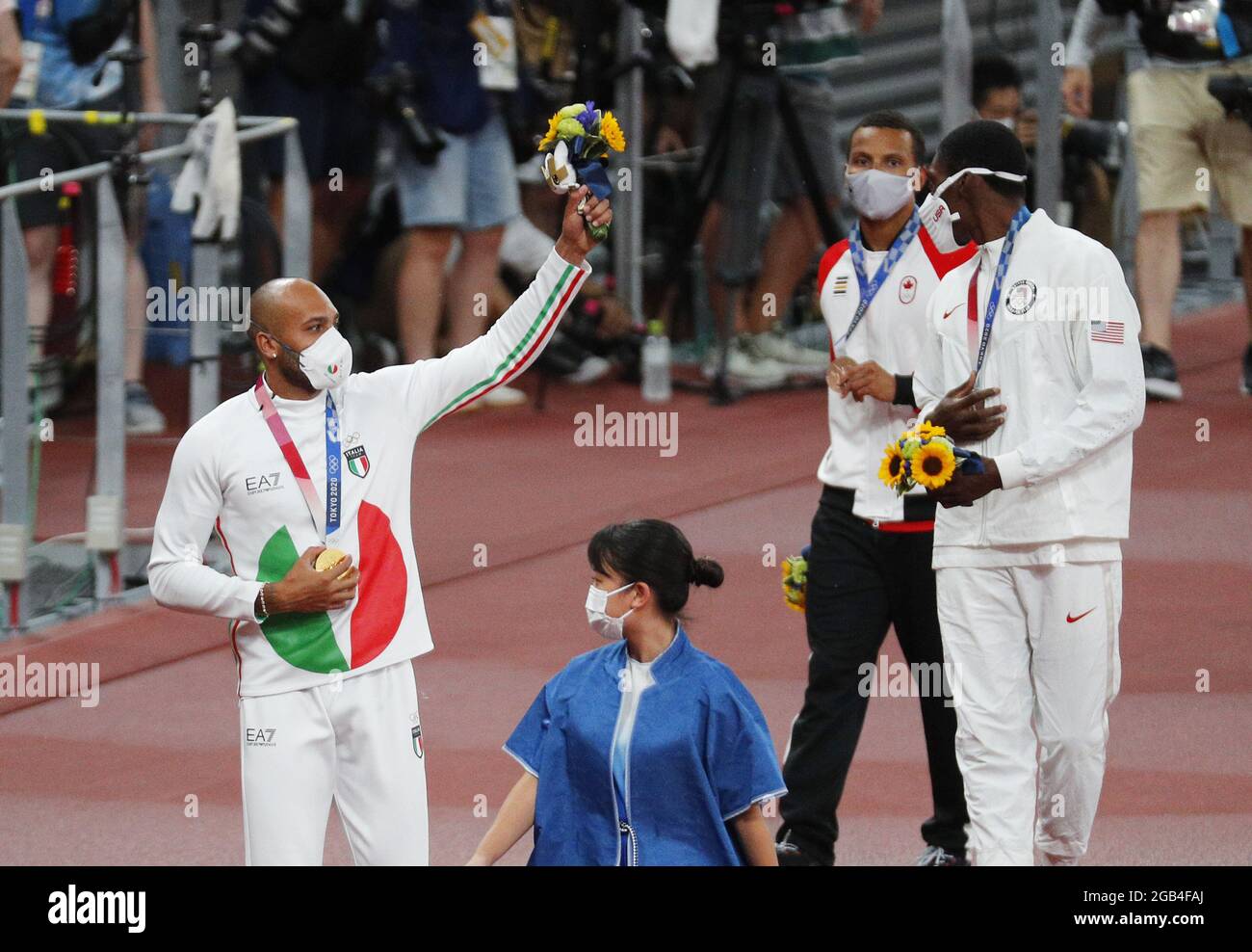 Tokyo, Japan. 02nd Aug, 2021. Lamont Marcell Jacobs of Italy holds his gold metal after competing in the mens 100 meter at the the Tokyo 2020 Summer Olympic Games in Tokyo, Japan on Monday, August 2, 2021. Photo by Bob Strong/UPI Credit: UPI/Alamy Live News Stock Photo