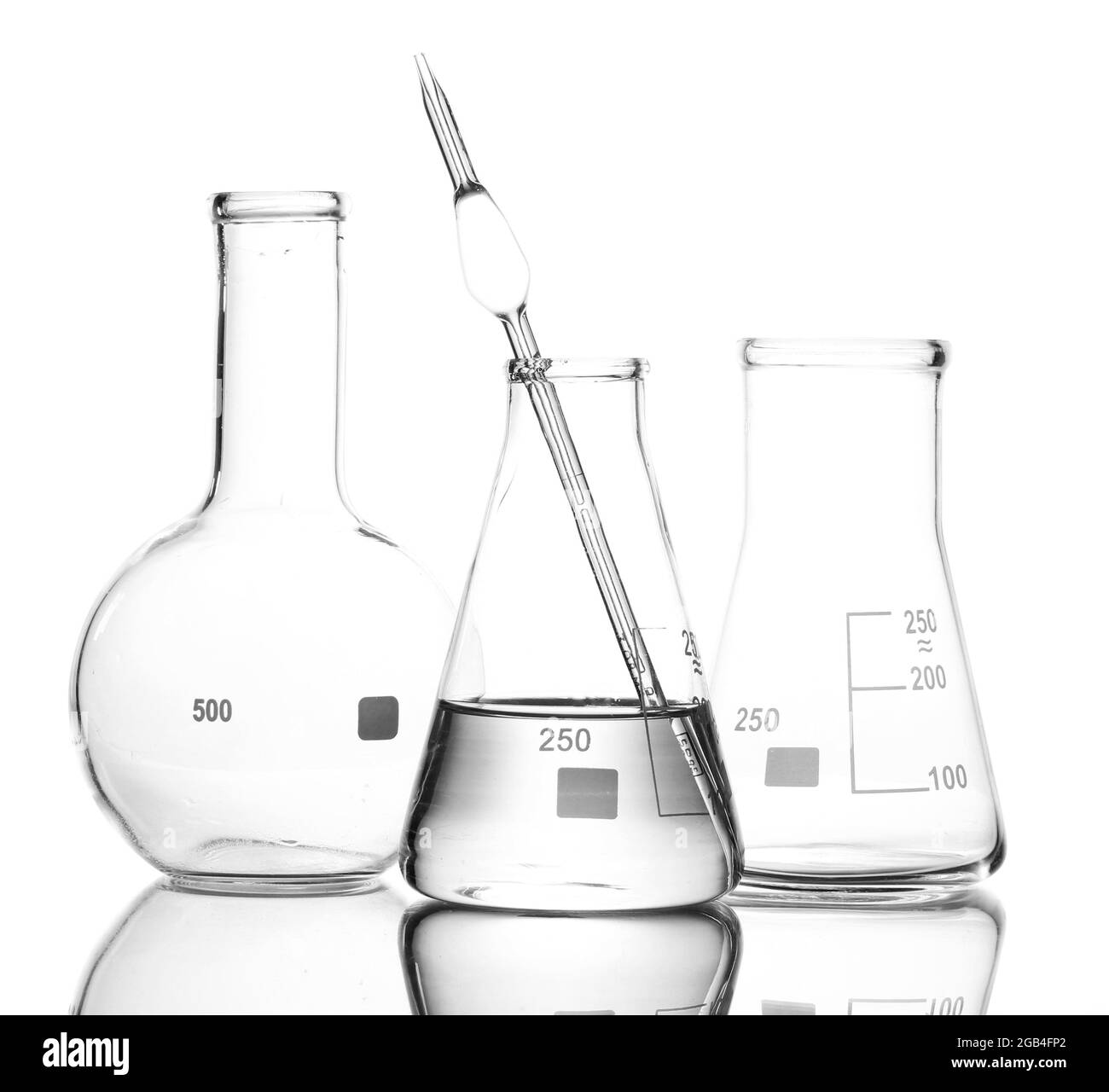 One flask with water and two empty flasks with reflection isolated on white Stock Photo Alamy