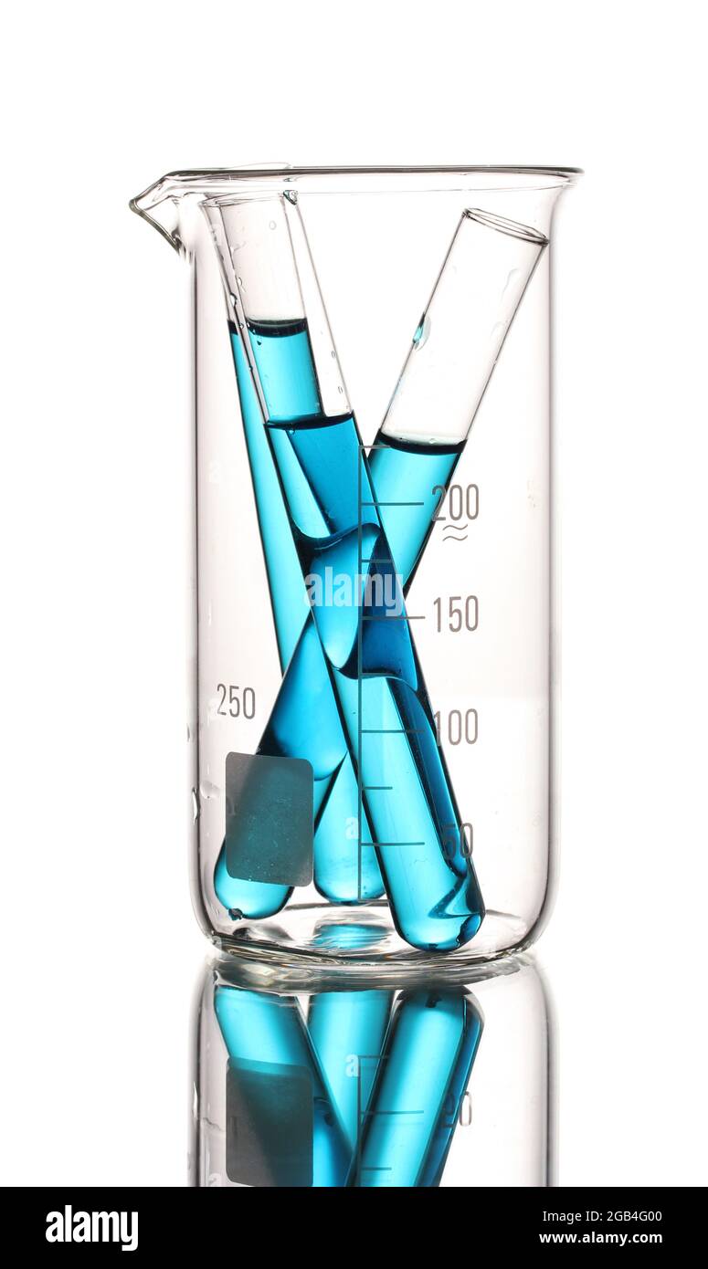 Laboratory tubes with blue liquid in measuring beaker with reflection