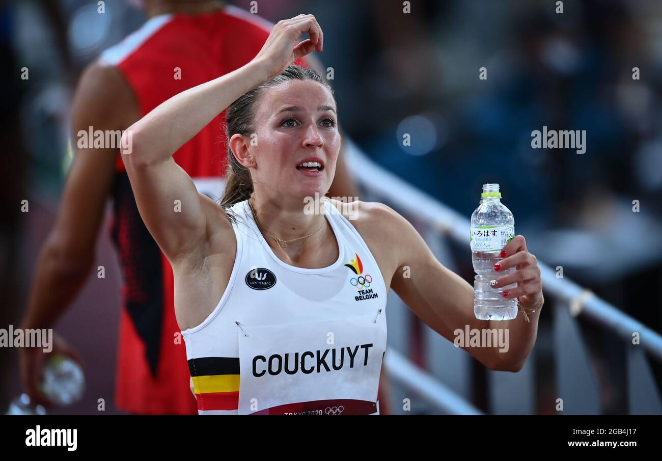 Belgian Paulien Couckuyt reacts after the results of the last semi-final, she finishes ninth and is out of the final, at the women's 400m hurdles race Stock Photo