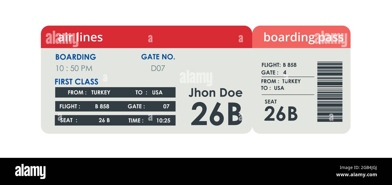 Realistic airline ticket design with passenger name. Isolated on white.  Stock Vector