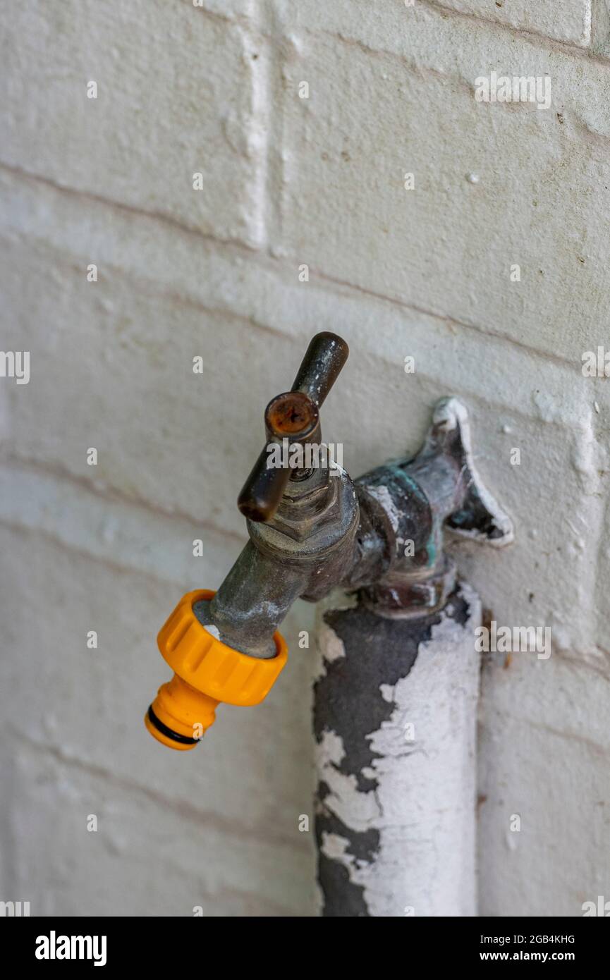 brass outside garden tap on an outside wall for watering the garden