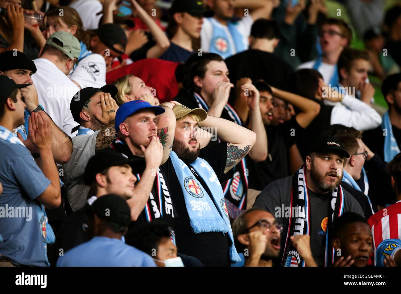 Melbourne, Australia, 1 April, 2021. : Emotional Melbourne City fans during the Hyundai A-League soccer match between Western United FC and Melbourne City FC. Credit: Dave Hewison/Speed Media/Alamy Live News Stock Photo