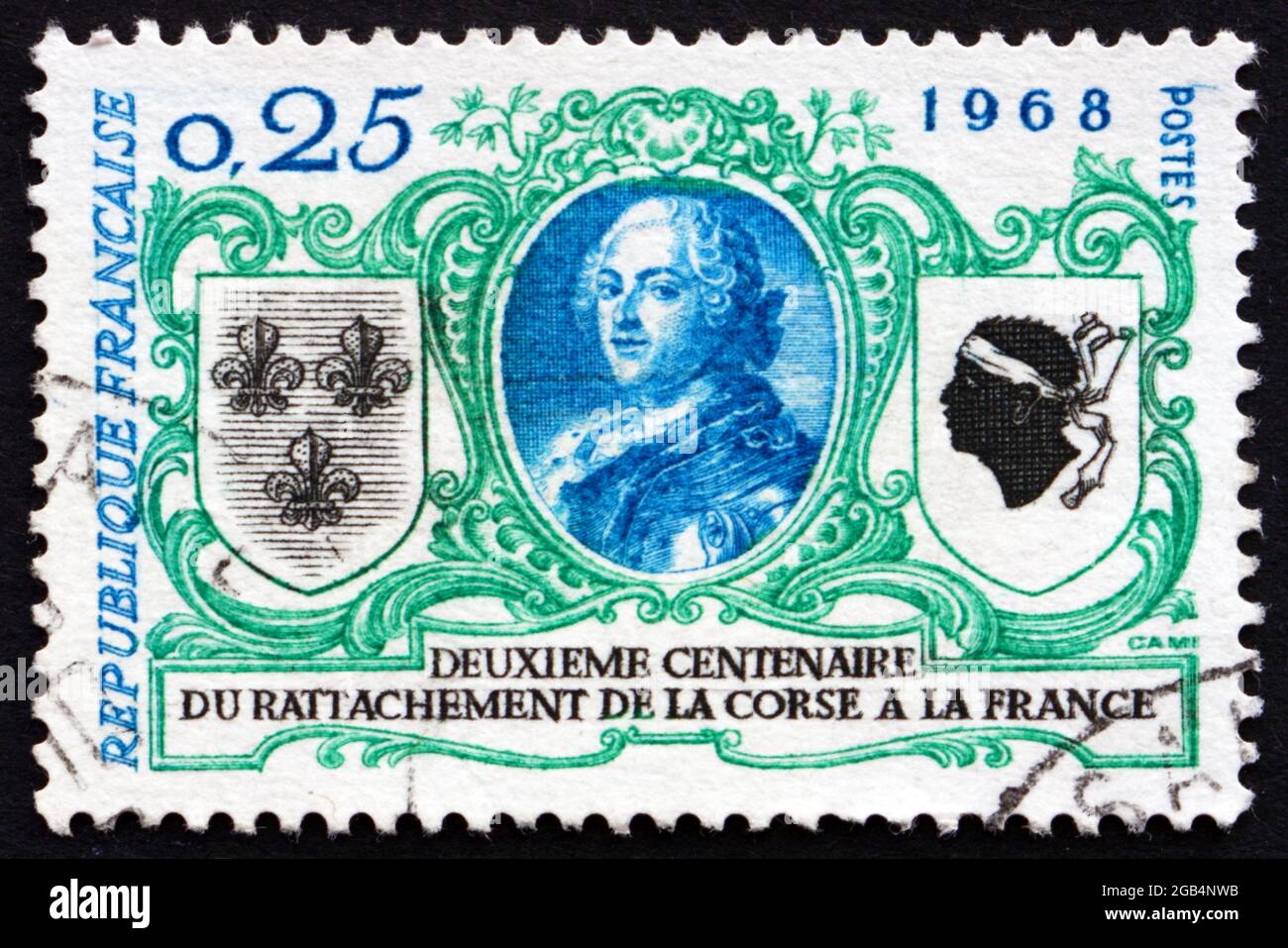 FRANCE - CIRCA 1968: a stamp printed in the France shows Louis XV and Arms of France and Corsica, 200th Anniversary of Return of Corsica to France, ci Stock Photo