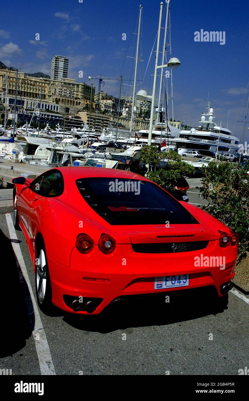 Red Ferrari F430 Spider, Monte Carlo Harbour, Monaco Stock Photo