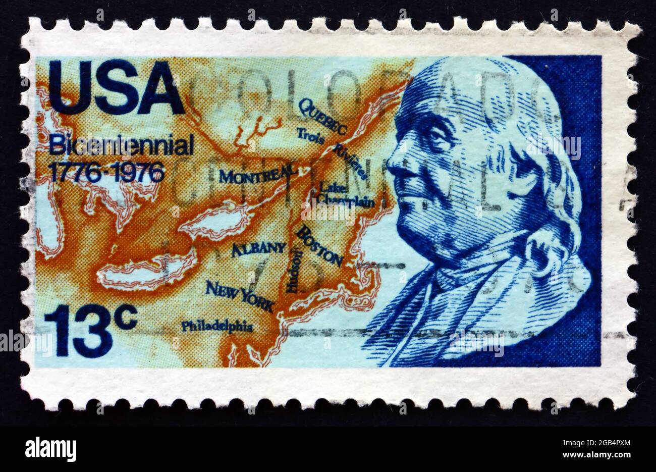 UNITED STATES OF AMERICA CIRCA - United States Of America Circa 1976 A Stamp Printed In The Usa Shows Franklin And Map Of North America 1776 American Bicentennial Circa 1976 2GB4PXM 