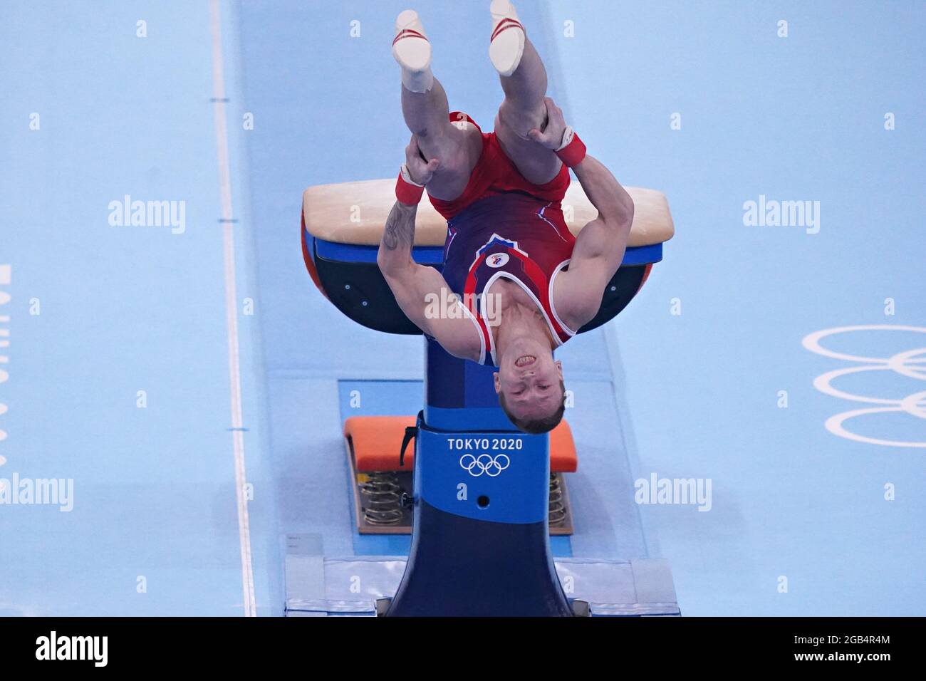 Tokyo, Japan. 02nd Aug, 2021. Denis Abliazin of the Russian Olympic Committee performs a vault during the men's Artistic Gymnastics Individual Apparatus final at the Ariake Gymnastics Centre at the Tokyo Olympic Games in Tokyo, Japan, on Monday, August 2, 2021. Jeahwan Shin, of South Korea, center, won gold, Denis Abliazin, of ROC, the silver, left, and Artur Davtyan, of Armenia, bronze. Photo by Richard Ellis/UPI Credit: UPI/Alamy Live News Stock Photo