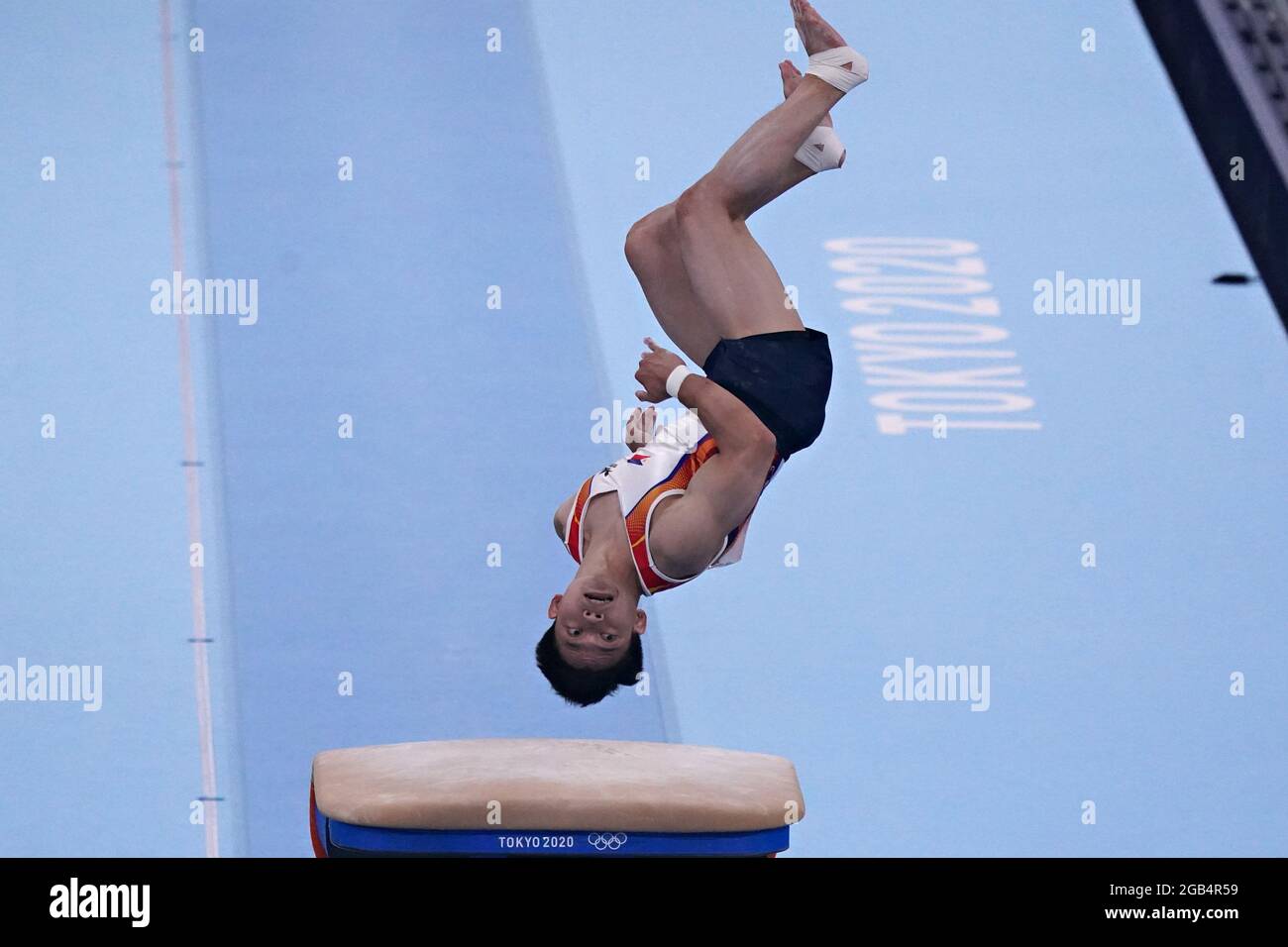 Tokyo, Japan. 02nd Aug, 2021. Carlos Edriel Yulo of Philippines performs a vault during the men's Artistic Gymnastics Individual Apparatus final at the Ariake Gymnastics Centre at the Tokyo Olympic Games in Tokyo, Japan, on Monday, August 2, 2021. Jeahwan Shin, of South Korea, center, won gold, Denis Abliazin, of ROC, the silver, left, and Artur Davtyan, of Armenia, bronze. Photo by Richard Ellis/UPI Credit: UPI/Alamy Live News Stock Photo