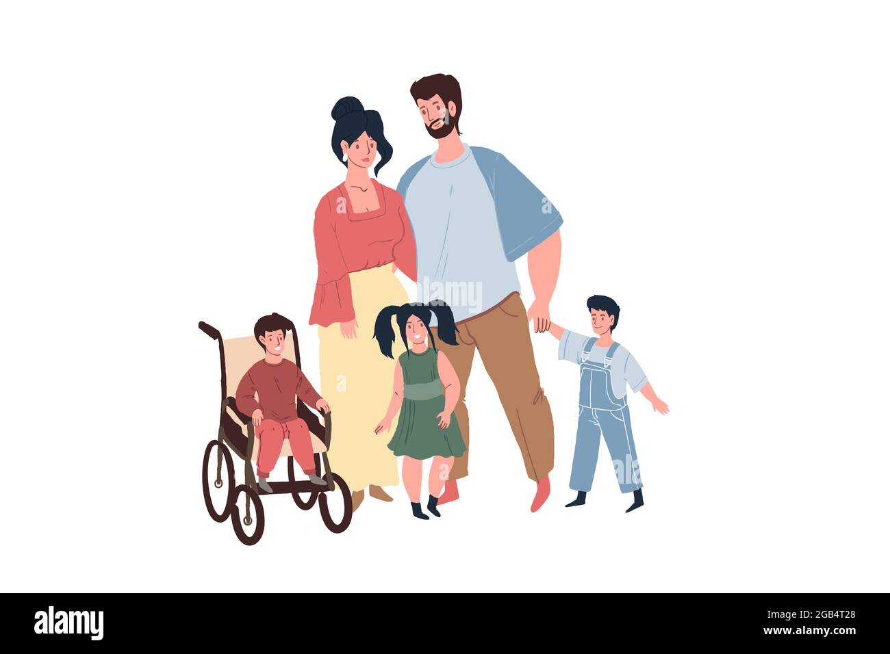 Flat cartoon children characters,kid with disabilities and their