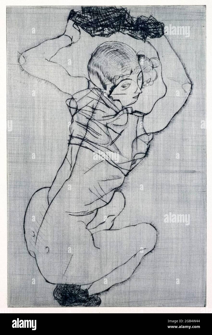Egon Schiele, Squatting Woman, drypoint drawing, 1914 Stock Photo